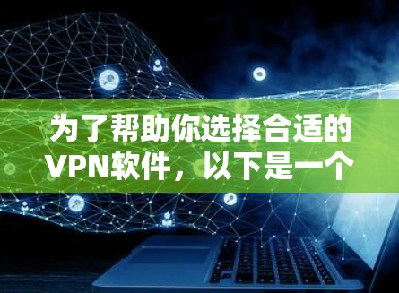 为了帮助你选择合适的VPN软件,以下是一个综合考虑的因素和推荐列表 为了帮助你选择合适的VPN软件,以下是一个综合考虑的因素和推荐列表